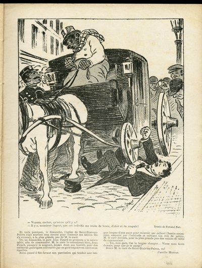 Illustration af Fernand Fau (1858-1919) i Le Rire, 29/02/08 - Metiers, Transport, Katastrofeulykker, Caleche Fiacre Cab - Cochers Fiacres af Fernand Fau