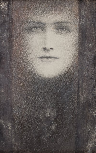 The Mask, with a Black Curtain, ca. 1909 (farvet kridt forhøjet med hvidt på papir) af Fernand Khnopff