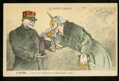 Postkort, satirisk i farver, ca. 1914_12: En lille gave, jeg tilbyder med mine bedste ønsker for 1915 - 14. -18. krigen, kanoner, skaller - Vilhelm II, Joffre Illustration af Gottlob (1873-1935) af Fernand Louis Gottlob
