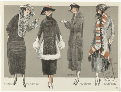Gazette du Bon Ton, 1920 - nr. 7, Croquis Pl XXXIV: Værd / Øl / Værd (titel på objekt) af Fernand Siméon
