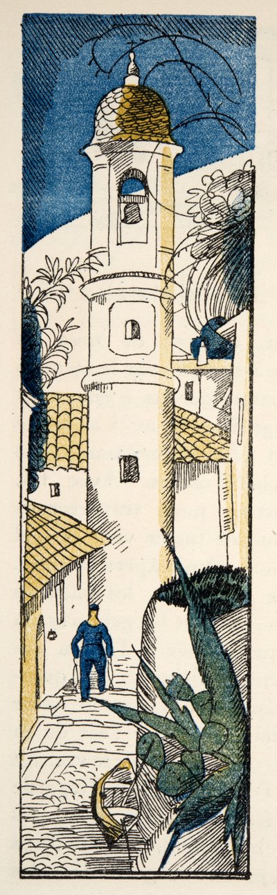 Gade i Antibes fra Gazette de Bon Ton, pub. 1920 (stenciltryk) af Fernand Siméon
