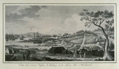 MALASPINA, Alejandro (1754-1809). Italiensk-spansk navigatør og opdagelsesrejsende; BRAMBILA, Fernando (1763-1834). Maler. Australien (18. årh.). Den engelske koloni New South Wales. Tegning af Fernando Brambila, der illustrerer Alejandro Mal