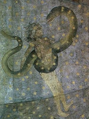 En mand og en slange, detalje fra Cielo de Salamanca, ca. 1480-90 af Fernando Gallego