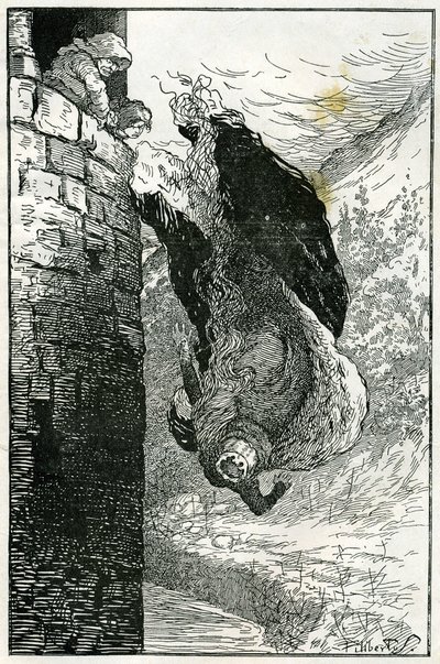 Fabel: "De kastede hende ud af vinduet og lige ned i floden". Illustration af Filiberto Scarpelli til fortællingen "Les petits nains du bois" (Tre unge mænd i skoven) fra brødrene Grimms samling "Snehvide og andre fortællinger". af Filiberto Scarpelli