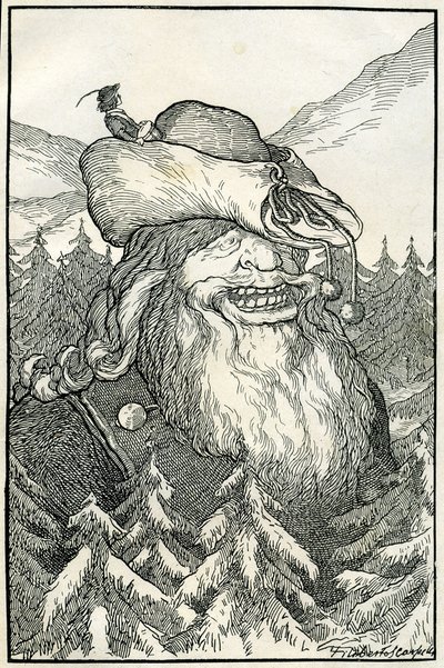 Fabler: Kæmpen. Illustration af Filiberto Scarpelli til "Krystalbjerget" fra en samling fabler af brødrene Grimm (Jacob og Wilhelm). af Filiberto Scarpelli