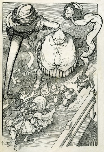 Fabler: Prinsen kommer ind i byen efterfulgt af sine tjenere. Illustration af Filiberto Scarpelli til fortællingen "Tjenerne og prinsen" fra brødrene Grimms samling "Snehvide og andre fortællinger". af Filiberto Scarpelli