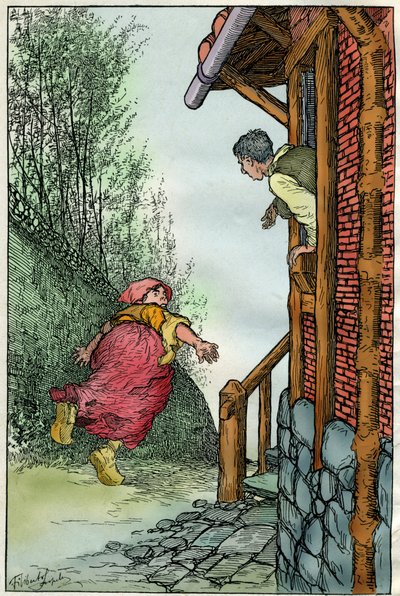 Illustration af Filiberto Scarpelli (1870-1933) til fablen "Toniotta la stolta" (Toniotta la foolta) fra brødrene Grimms samling af fabler "Snehvide og andre fortællinger", ca. 1920. af Filiberto Scarpelli