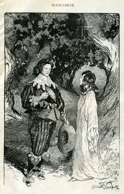 Illustration af Filiberto Scarpelli til eventyret "Snehvide" fra en samling af fabler af brødrene Jacob og Wilhelm Grimm, "Snehvide og andre eventyr". af Filiberto Scarpelli
