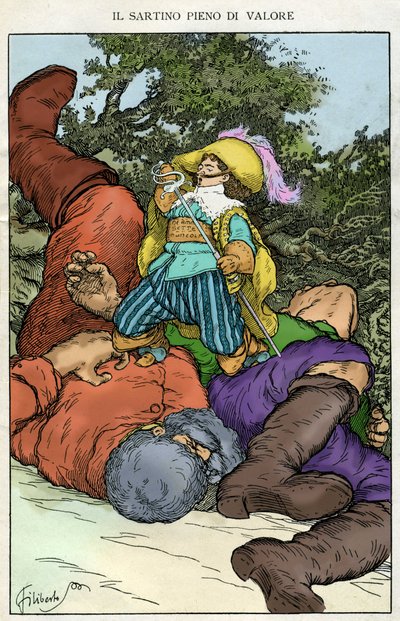 "Forbered den komedie, der er sagt - il". Illustration af Filiberto Scarpelli til fortællingen "Den tapre skrædder" fra en samling af fabler af brødrene Jacob og Wilhelm Grimm "Snehvide og andre fortællinger". af Filiberto Scarpelli