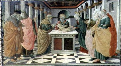 Præsentationen i templet, predella panel til Fødselsaltertavlen i Museo Civico af Filippino (and workshop) Lippi