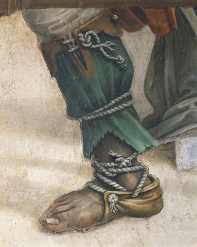 Saint John Evangelist Resuscitating Drusiana af Filippino Lippi, detalje af fodtøj, fresco af Filippino Lippi