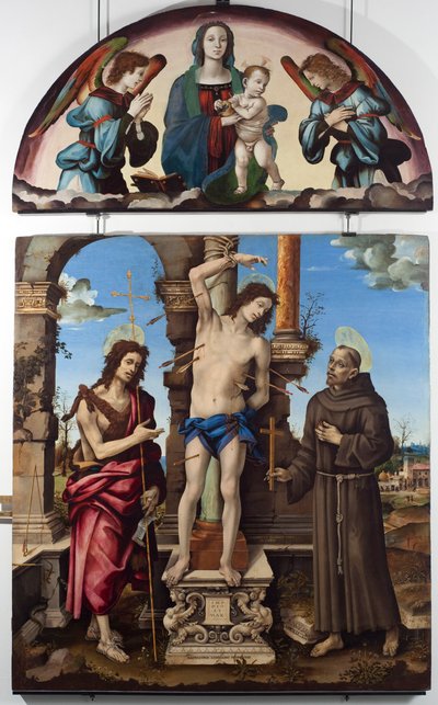 Saint Sebastian omgivet af Saint John the Baptist og Saint Francois of Assisi Central panel. Up jomfru har barn. Maleri på træ af Filippo Lippi (1451-1504) Dim. 298x185 cm Musei di Strada Nuova (ex Palazzo Bianco), gener af Filippino Lippi