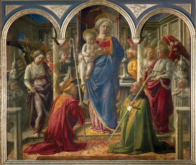 Madonna og barn med engle og de hellige Frediano og Augustine, kaldet "Pala Barbadori" ... af Filippo (workshop of) Lippi