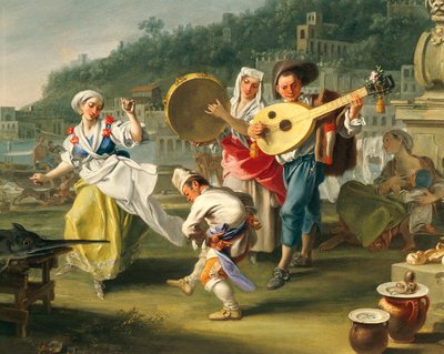 Tarantella i Mergellina, ca 1750, af Filippo Falciatore (aktiv 1737-1768), olie på lærred, 76,2x102 cm, detalje, Italien af Filippo Falciatore
