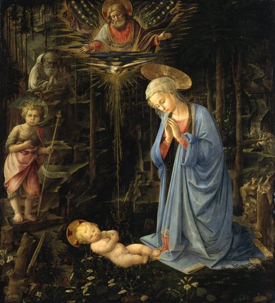 Jomfruen tilbeder barnet / Tilbedelsen i skoven, Den hellige familie med den unge Johannes af Filippo Lippi