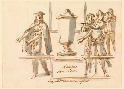 Tegning, Allegori af Amerika, udsmykning til kardinal Falconieris salon i Frascati, 18.-19. århundrede af Filippo Marchionni