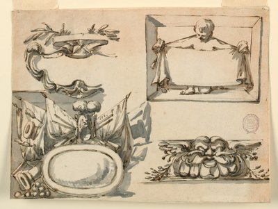 Tegning, Et våbenskjold, et trofæ, en etiket, et dekorativt motiv til en frise, 1750-75 af Filippo Marchionni