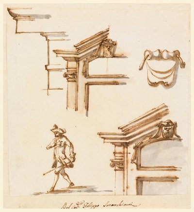 Tegning, arkitektoniske detaljer og figurstudie, 1760-75 af Filippo Marchionni
