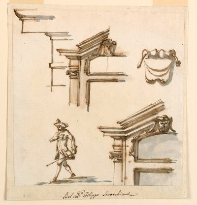 Tegning, arkitektoniske detaljer og figurstudie, 1760-75 af Filippo Marchionni