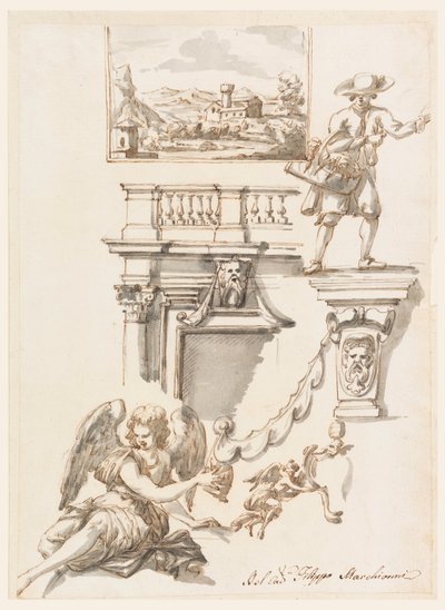 Tegning, arkitektur og figurstudier, 1750-90 af Filippo Marchionni