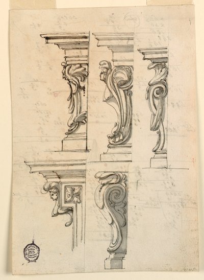 Tegning, Fem hjørnemotiver, ca. 1750 af Filippo Marchionni