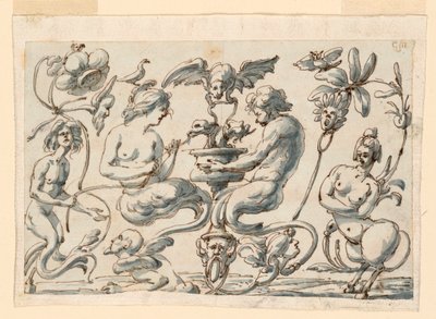 Tegning, Grotesk til et aflangt panel, 1730-50 af Filippo Marchionni