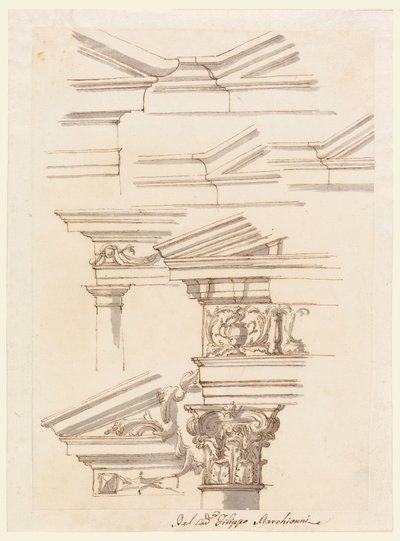 Tegning, Studier til entablement og fronton, ca. 1770 af Filippo Marchionni
