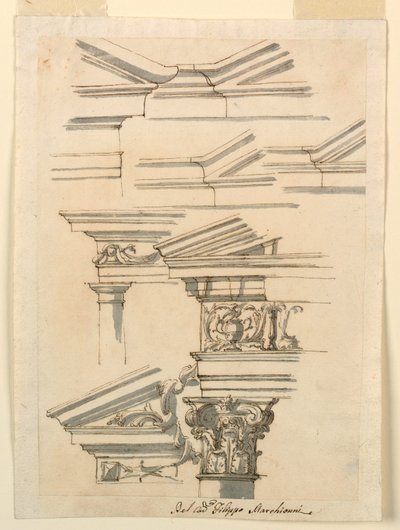 Tegning, Studier til entablement og fronton, ca. 1770 af Filippo Marchionni