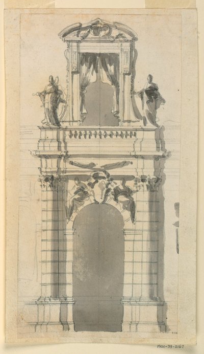 Tegning, Elevation af den nedre centrale del af et bypalæ, 1770-85 af Filippo Marchionni