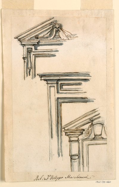 Tegning, Tre vindues- eller dørkasser, ca. 1770 af Filippo Marchionni