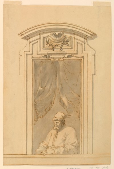 Tegning, Vindueskasse og halvdelen af en tyrkerfigur, 1750-70 af Filippo Marchionni