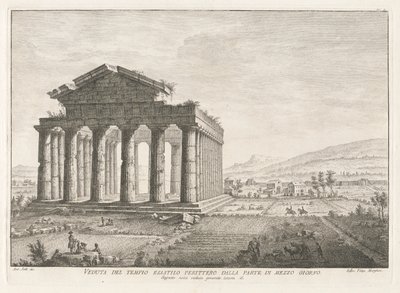 Udsigt over Peripteral Hexastyle Temple fra syd, fra Antichit? af Pesto (Paestums antikviteter) af Filippo Morghen