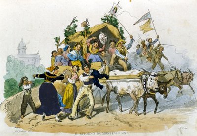Napolitanerne kommer glade tilbage fra udflugten til Montevergine. Tegning af F. Palizzi fra "Costumi del regno di Napoli"" af De Bourcard af Filippo Palizzi