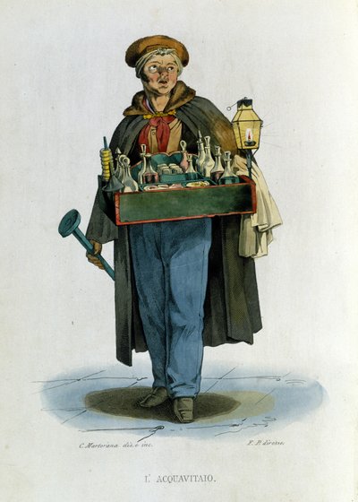 Lille virksomhed i byen Napoli: en rejsende sælger af brandy. Stik efter maleri af F. Palizza. Fra et værk af Francesco de Bourcard "" Costumi del regno di Napoli"" af Filippo Palizzi