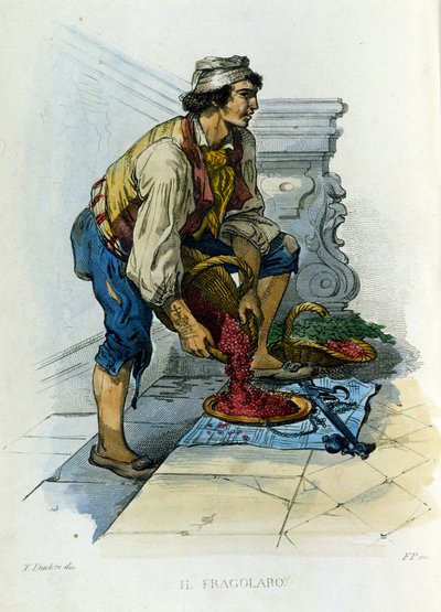 Lille virksomhed i byen Napoli: "fragolaro", en napolitansk jordbærhandler. Stik efter maleri af F. Palizza. Fra et værk af Francesco de Bourcard "" Costumi del regno di Napoli"" af Filippo Palizzi