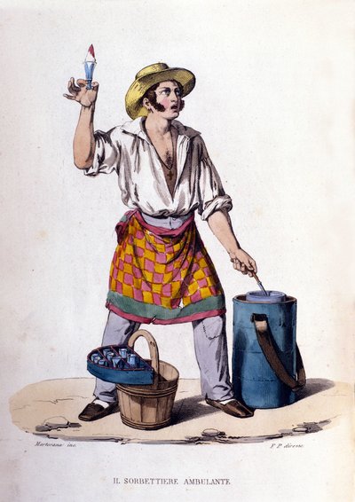 Lille virksomhed i byen Napoli: sælgeren af is og sorbeter. Stik efter maleri af F. Palizza. Fra et værk af Francesco de Bourcard "" Costumi del regno di Napoli"" af Filippo Palizzi