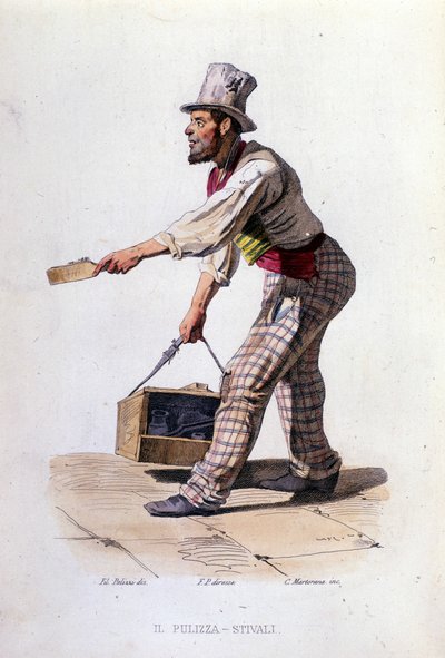 Lille virksomhed i byen Napoli: skopudseren. Stik efter maleri af F. Palizza. Fra et værk af Francesco de Bourcard "" Costumi del regno di Napoli"" af Filippo Palizzi