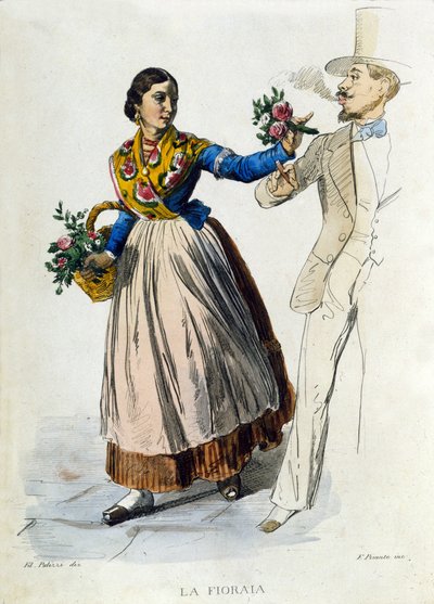 Lille virksomhed i byen Napoli: ung blomsterhandler, der passer en buket til en elegant mand. Stik efter maleri af F. Palizza. Fra et værk af Francesco de Bourcard "" Costumi del regno di Napoli"" af Filippo Palizzi