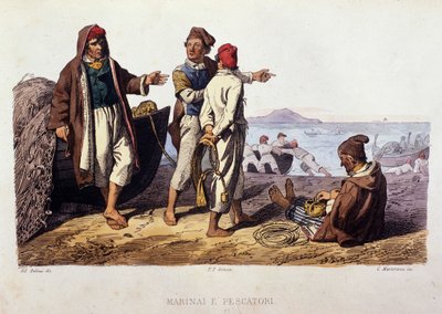 Lille metier af Kongeriget Napoli: sømænd og fiskere. Stik efter maleri af F. Palizza. Fra et værk af Francesco de Bourcard "" Costumi del regno di Napoli"" af Filippo Palizzi