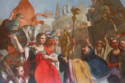 Cæsar under murene i Alexandria, af Felice Manassero, billedtæppe tegneserie, forværelse, østlejlighed, jagtbolig, af Filippo Juvarra (1678-1736), Stupinigi, Piemonte, Italien af Filippo or Juvara Juvarra