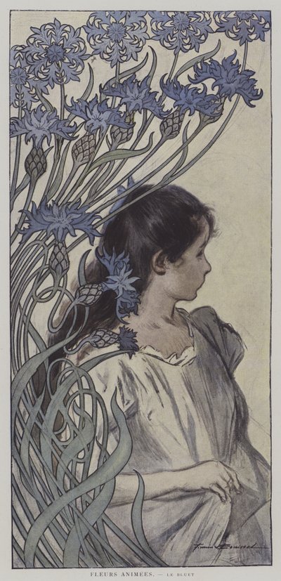 Fleurs Animees. Le Bluet. (Animerede blomster: Kornblomsten) (farve litho) af Firmin (after) Bouisset