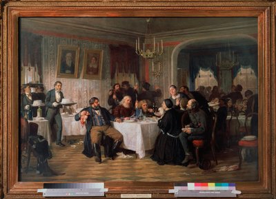 Købmands begravelsesbanket - Maleri af Firs Sergeevich Zhuraviev (1836-1901), olie på lærred, ca. 1870, russisk kunst 1800-tallet - Tretyakov-statsgalleriet, Moskva af Firs Sergeevich Zhuravlev