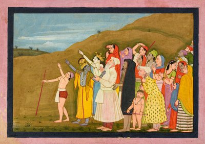 Krishna og hans familie beundrer en solformørkelse, måske en side fra "Kangra/Modi" <em>Bhagavata Purana</em> af First generation after Nainsukh