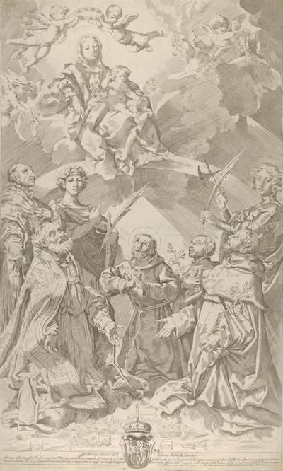 Skytshelgener for Bologna ser opad på Jomfruen, der sidder i skyerne med..., 1640-50. af Flaminio Torre