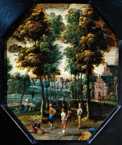 En Kermesse-scene i en landsby nær en flod (olie på kobber, ottekantet) af Flemish School