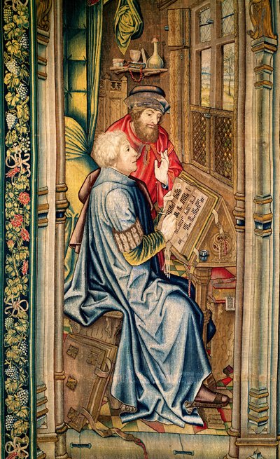 En skriftlærd, der skriver en beretning, detaljer fra Transporten af Pagtens Ark, fra Davids og Bathshebas billedtæppe, ca. 1510-15 af Flemish School