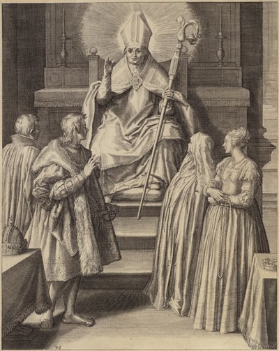 En skikkelse i bispedragt sidder på tronen med en glorie, der udgår fra hans hoved af Flemish School