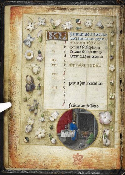 Tilføj MS 38126 f.1v Kalender-side for januar, med en rund miniature af to mænd, der varmer sig før en ild, fra en 