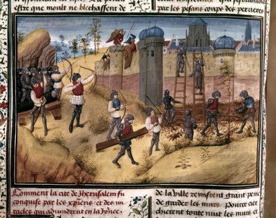 KRUSADES: "Korsfarerne bestiger Jerusalems mure". Fra "Histoire des Cr... af Flemish School
