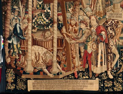 Katedralen (The Seo. Ca tedraal of the Savior of Zaragoza). Gobelinmuseet. flamsk gobelin. Legenden om det hellige kors (Legenden om det hellige kors, om legenden om det hellige kors). Detalje. Ca. 1450. 430x1120cm. af Flemish School